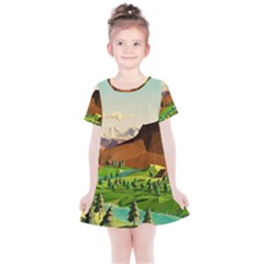 River Between Green Forest With Brown Mountain Kids  Simple Cotton Dress