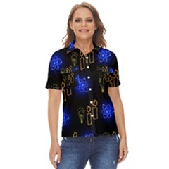 Background Doodles Candles Graphic Women s Short Sleeve Double Pocket Shirt