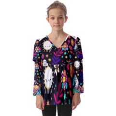 Rainbow Fun Cute Minimal Doodle Kids  V Neck Casual Top