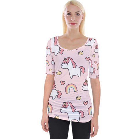 Cute Unicorn Rainbow Seamless Pattern Background Wide Neckline T-shirt by Bedest