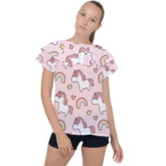 Cute Unicorn Rainbow Seamless Pattern Background Ruffle Collar Chiffon Blouse