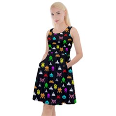 Fun Pixelated Cartoon Print Black Knee Length Skater Dress With Pockets by CoolDesigns