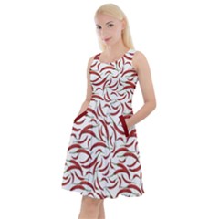 Red & White Vegetable Organic Food Red Chili Pepper Pattern Knee Length Skater Dress With Pockets