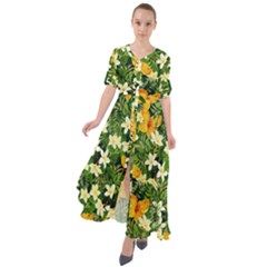 Hibiscus Flowers Floral Green Party Waist Tie Boho Maxi Dress by CoolDesigns