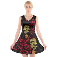 Vintage Dragon Black Chinese Luck Pattern V-neck Sleeveless Dress by CoolDesigns
