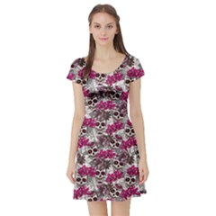 Pink Gray Skull With Flowers Short Sleeve Skater Dress by CoolDesigns