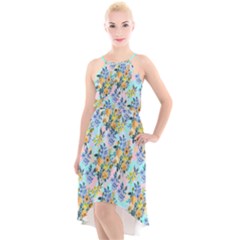 Summer Floral Flowers Turquoise High-low Halter Chiffon Dress 