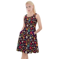 Dark Abstract Colorful Flowers Pattern Knee Length Skater Dress With Pockets by CoolDesigns