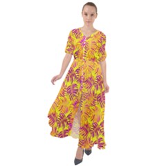 Hawaii Palm Leaves Yellow Waist Tie Boho Maxi Dress by CoolDesigns