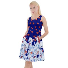 Cute Cat And Ribbon Dark Blue Knee Length Skater Dress With Pockets by CoolDesigns