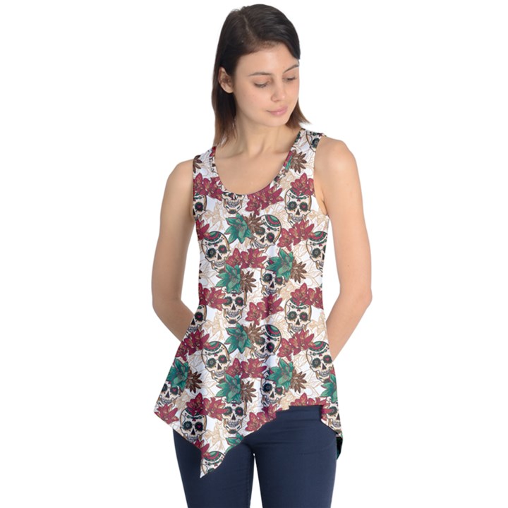 Colorful Skull Hearts And Flowers Sleeveless Tunic Top