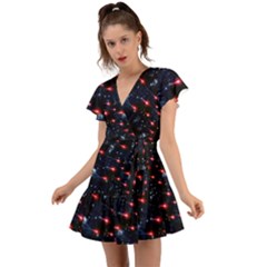 Shooting Star Black Galaxy Flutter Sleeve Wrap Dress