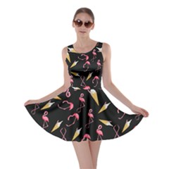 Ice Cream Flamingo Black Skater Dress