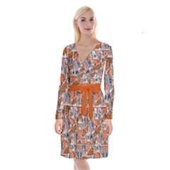 Aztec Florals Print Orange Long Sleeve Velvet Front Wrap Dress by CoolDesigns