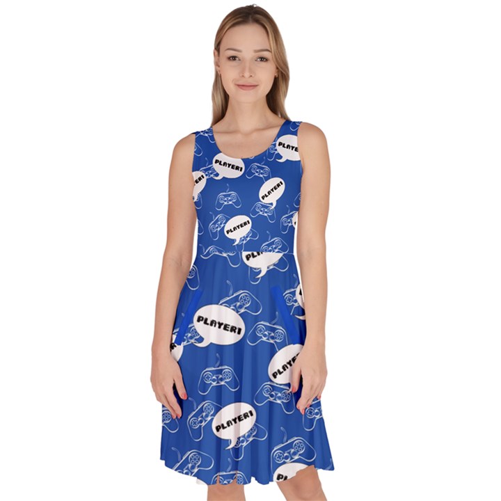 Player Pattern Blue Knee Length Skater Dress With Pockets