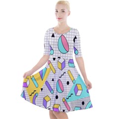 Tridimensional Pastel Shapes Background Memphis Style Quarter Sleeve A-line Dress by Bedest