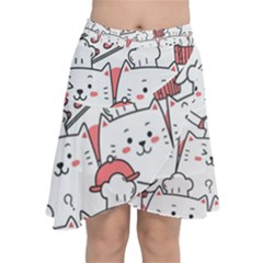 Cute Cat Chef Cooking Seamless Pattern Cartoon Chiffon Wrap Front Skirt