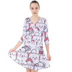 Cute Cat Chef Cooking Seamless Pattern Cartoon Quarter Sleeve Front Wrap Dress by Bedest