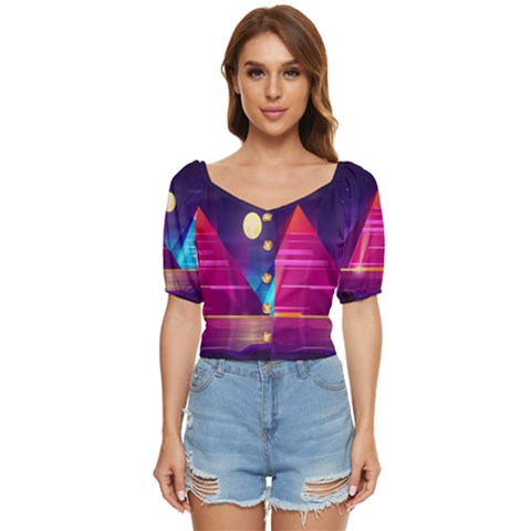 Egyptian Pyramids Night Landscape Cartoon Art Button Up Blouse by Bedest