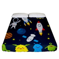 Big Set Cute Astronauts Space Planets Stars Aliens Rockets Ufo Constellations Satellite Moon Rover V Fitted Sheet (queen Size) by Bedest