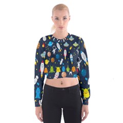 Big Set Cute Astronauts Space Planets Stars Aliens Rockets Ufo Constellations Satellite Moon Rover V Cropped Sweatshirt