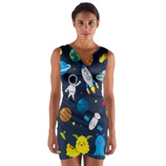 Big Set Cute Astronauts Space Planets Stars Aliens Rockets Ufo Constellations Satellite Moon Rover V Wrap Front Bodycon Dress by Bedest