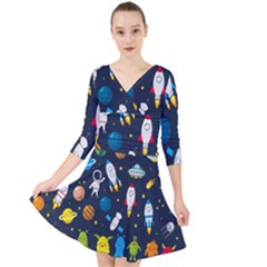 Big Set Cute Astronauts Space Planets Stars Aliens Rockets Ufo Constellations Satellite Moon Rover V Quarter Sleeve Front Wrap Dress by Bedest