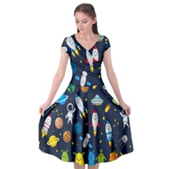 Big Set Cute Astronauts Space Planets Stars Aliens Rockets Ufo Constellations Satellite Moon Rover V Cap Sleeve Wrap Front Dress by Bedest