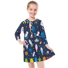 Big Set Cute Astronauts Space Planets Stars Aliens Rockets Ufo Constellations Satellite Moon Rover V Kids  Quarter Sleeve Shirt Dress by Bedest