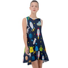 Big Set Cute Astronauts Space Planets Stars Aliens Rockets Ufo Constellations Satellite Moon Rover V Frill Swing Dress by Bedest