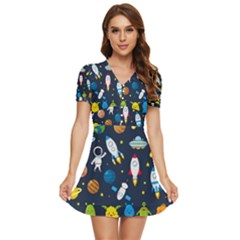 Big Set Cute Astronauts Space Planets Stars Aliens Rockets Ufo Constellations Satellite Moon Rover V V-neck High Waist Chiffon Mini Dress