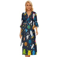 Big Set Cute Astronauts Space Planets Stars Aliens Rockets Ufo Constellations Satellite Moon Rover V Midsummer Wrap Dress by Bedest