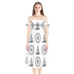 Marine Nautical Seamless Pattern With Vintage Lighthouse Wheel Shoulder Tie Bardot Midi Dress