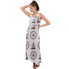 Marine Nautical Seamless Pattern With Vintage Lighthouse Wheel V-neck Chiffon Maxi Dress