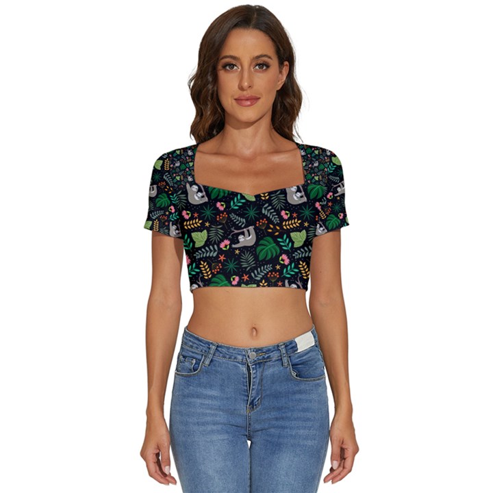 Floral Pattern With Plants Sloth Flowers Black Backdrop Short Sleeve Square Neckline Crop Top 