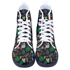 Floral Pattern With Plants Sloth Flowers Black Backdrop Women s High-top Canvas Sneakers