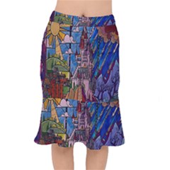 Castle Building Stained Glass Short Mermaid Skirt