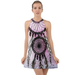 Dream Catcher Art Feathers Pink Halter Tie Back Chiffon Dress by Bedest