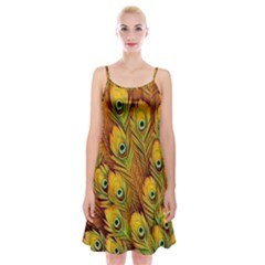 Peacock Feathers Green Yellow Spaghetti Strap Velvet Dress