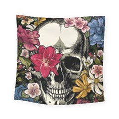 Skull Flowers American Native Dream Catcher Legend Square Tapestry (small)