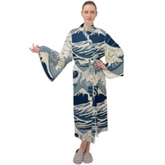 Japanese Wave Pattern Maxi Velvet Kimono by Cendanart