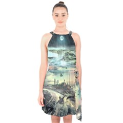 Psychedelic Art Halter Collar Waist Tie Chiffon Dress