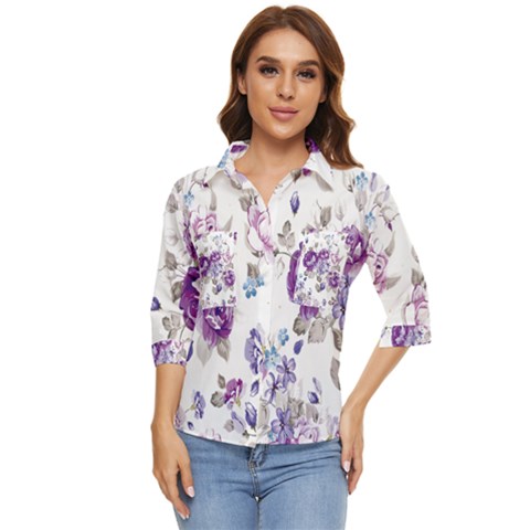 Flower-floral-design-paper-pattern-purple-watercolor-flowers-vector-material-90d2d381fc90ea7e9bf8355 Women s Quarter Sleeve Pocket Shirt by saad11