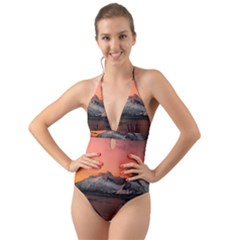 Surreal Mountain Landscape Lake Halter Cut-out One Piece Swimsuit