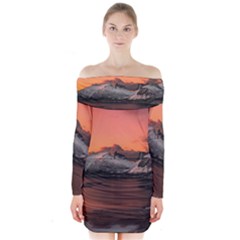 Surreal Mountain Landscape Lake Long Sleeve Off Shoulder Dress