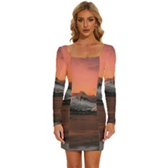 Surreal Mountain Landscape Lake Long Sleeve Square Neck Bodycon Velvet Dress by Bedest