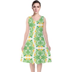 Green Pattern Retro Wallpaper V-neck Midi Sleeveless Dress  by Bajindul