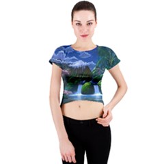 Flamingo Paradise Scenic Bird Fantasy Moon Paradise Waterfall Magical Nature Crew Neck Crop Top by Ndabl3x