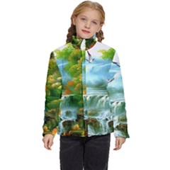 Paradise Forest Painting Bird Deer Waterfalls Kids  Puffer Bubble Jacket Coat by Ndabl3x