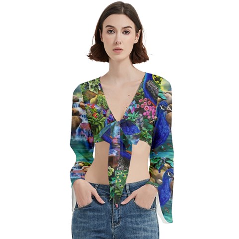 Peacocks In Garden Trumpet Sleeve Cropped Top by Ndabl3x